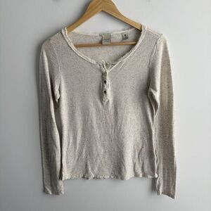 Maison Scotch Top Women's 2 Small Beige Linen Long Sleeve Henley Tee Flax